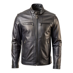 Black leather jacket front view zipper and stitching detail isolated on a transparent background mens jacket