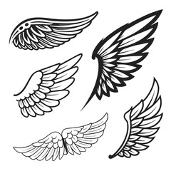 Set of wings icons. Wings icons. Bird wings, angel wings elements. Wing collection in different shape. Wings badges. Vector illustration