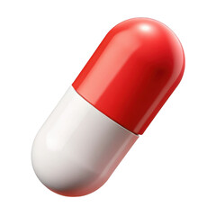 Close up of a red and white medical capsule isolated on transparent background