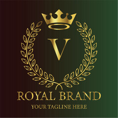 Gold royal brand logo letter V crown laurel
