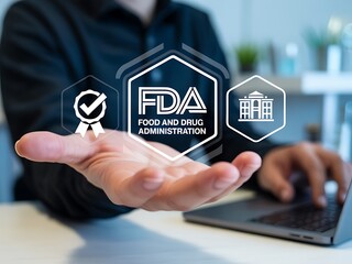 Person holding a hand with holographic fda food and drug administration logo and icons for quality assurance and government regulation