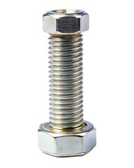 Shiny metal hex bolt with nut fastened on threaded shaft isolated on a transparent background steel hardware