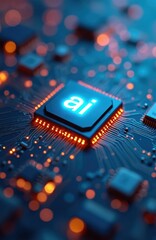 Close-up AI microchip on blue, orange circuit board. Illustration advanced technology, computing, digital innovation. Integrated circuit, computer chip, semiconductor, macro, CPU with AI label.