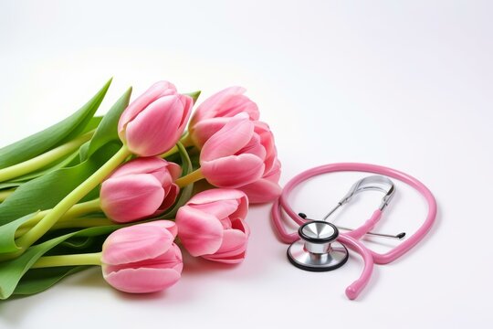 Bouquet of pink tulips lying next to a stethoscope, celebrating nurses and other healthcare professionals - Powered by Adobe