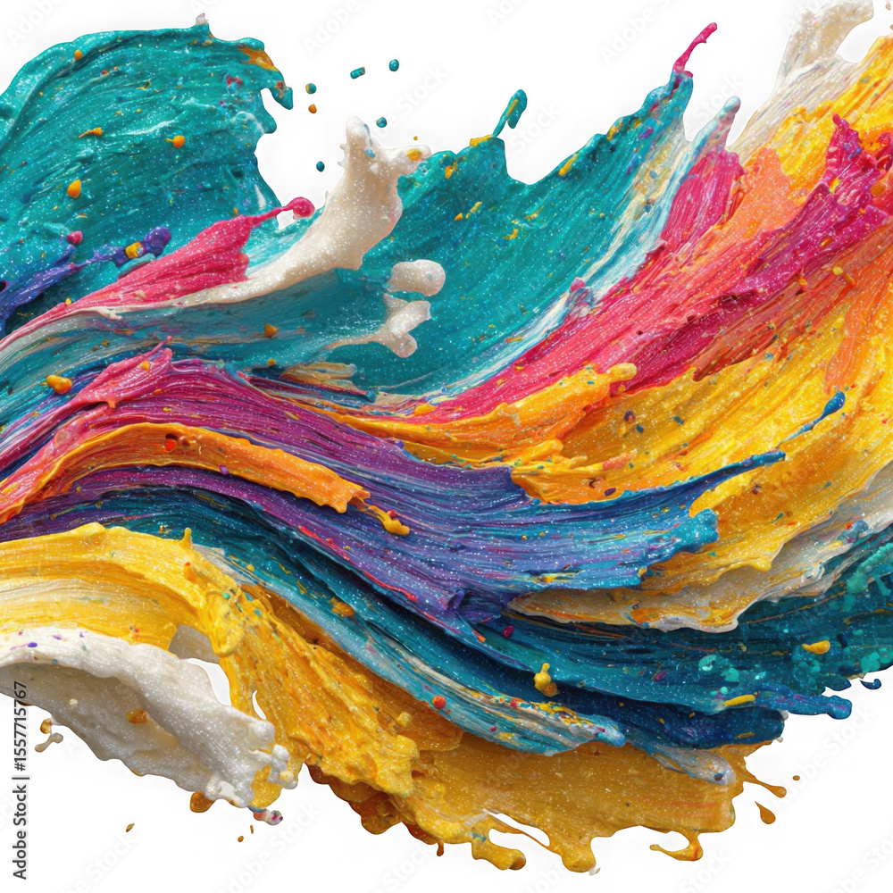 Poster a dynamic wave of colorful paint splashes across the frame in a vibrant abstract composition, isolat