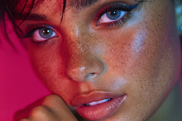Close-up of a young woman with blue eyes, freckles, and shimmering glitter makeup, lit by vibrant pink neon lights in a creative modern style.  
