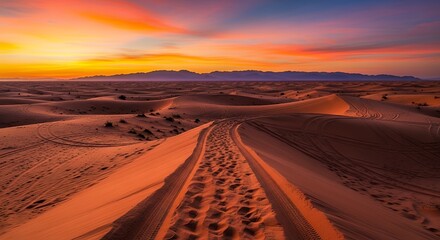 Fototapeta premium Walking on Sand Dune Ridge with Sunset Sky Over Horizon