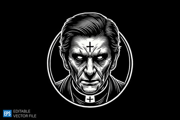 scary pastor dark art illustration black and white design in black background