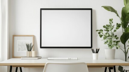 Fototapeta premium Minimalist Workspace with White Desk, Creative Mockup Poster, and Clean Background for Business and Decor Ideas