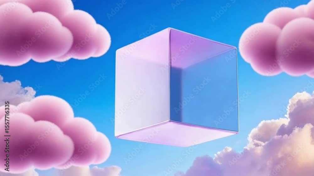 Poster floating cube in dreamy sky: a translucent cube floats serenely amidst fluffy pink clouds against a 