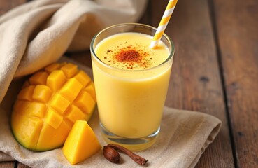 Mango Lassi, Indian summer drink. Glass of fresh mango smoothie garnished with saffron, served with a straw. Served with mango chunks. Vegetarian drink. Tasty dessert on a wooden table.
