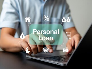 Man s hands interacting with a digital interface displaying personal loan options and financial icons on a laptop