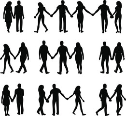 Vector couple holding hands in various expressive stances