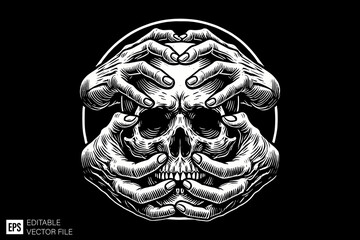 hand holding skull head skeleton dark art illustration black and white design in black background