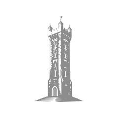 Detailed illustration of a tall, medieval tower with flag