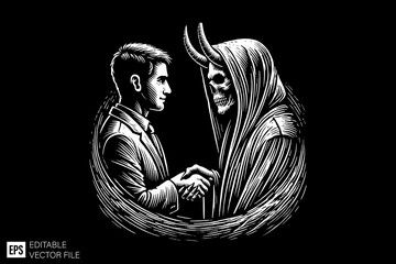 Make a deal with the devil dark art illustration black and white design in black background