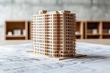 Architectural model of a building on blueprints with wooden display cases in the background indoors
