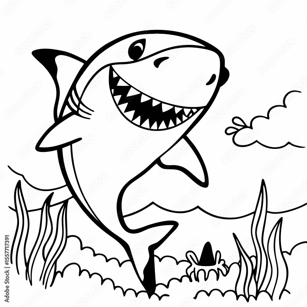 Fototapete vector illustration of shark smiling and having fun black and white drawing for children to learn to