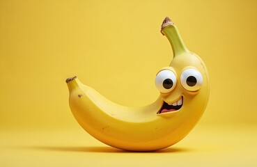 Funny cartoon banana with big eyes and smiling mouth isolated on bright yellow background. Represents playful, cheerful mood. Fresh organic fruit, healthy food. Vegan diet, vegetarian lifestyle.