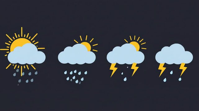 Four weather icons sun behind cloud with rain rain sun behind cloud with lightning  rain cloud with lightning  rain
