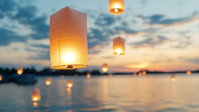 Floating Lanterns at Sunset: A serene image showcasing luminous paper lanterns ascending into the evening sky at sunset, their warm glow reflecting on the tranquil water's surface.