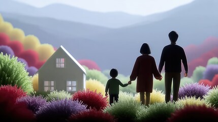 Miniature Family Silhouette in Autumnal Landscape