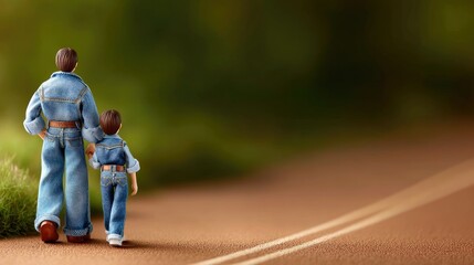 Miniature Father and Son in Denim Walking Away on a Path