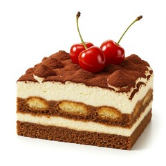 Delicious Tiramisu dessert layered with ladyfingers mascarpone cream and cocoa powder garnished with fresh cherries