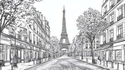 Charming Parisian Street Scene - Illustrated Etching of Downtown France