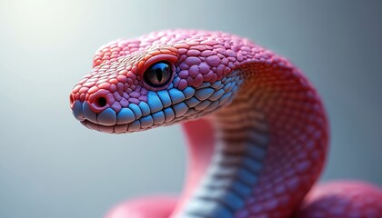 Fototapeta premium Vibrant cobra illustration features intricate hood patterns against a soft, white-to-gray gradient backdrop. Ideal for logos or creative art use. Digital artwork with eye-catching color palette.