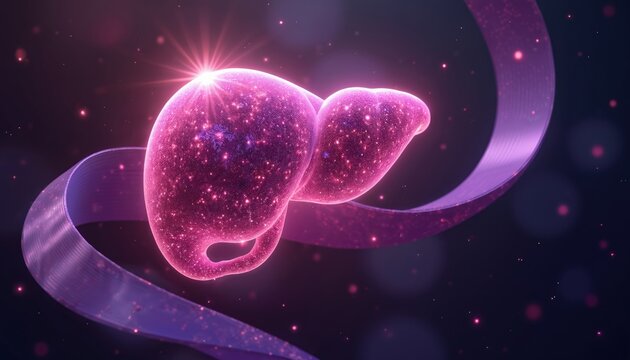 Glowing pancreas illustration. Purple ribbon banner for World Pancreatic Cancer Day. Concept art awareness, medical science, healthcare. Abstract design with neon lights, pink plasma, energy sphere. - Powered by Adobe