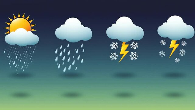 Four weather icons sunrain rain snowlightning and mixed snowlightning against a gradient background