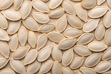 A close-up, top-down view of a large collection of light-colored, oval-shaped seeds, likely pumpkin seeds, spread out to fill the entire frame. The seeds appear to have a slightly ridged.