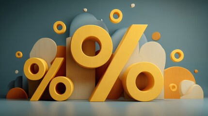 Large yellow percentage symbol over abstract shapes representing discounts and savings