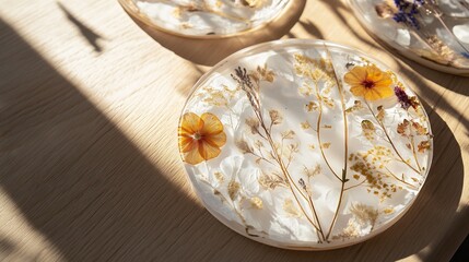 Circular resin coaster set floral pressed flowers delicate leaf patterns and a touch of gold leaf The coasters are displayed on a modern dining table with natural lighting highlighting the artwork