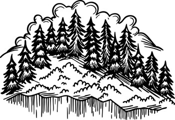 Naklejka premium Hand drawn pine trees on forest hill, vintage sketch scenic woodland landscape with detailed foliage and nature