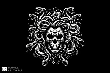Fototapeta premium medusa head scary with snake in hair dark art illustration black and white design in black background