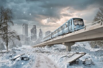 Nuclear winter, post-apocalyptic city. A snow-covered train bridge overlooks a devastated cityscape
