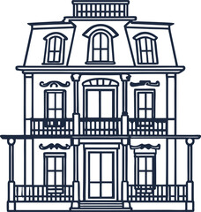 Historic victorian house facade, two story architecture with balcony and ornate decorative windows illustration