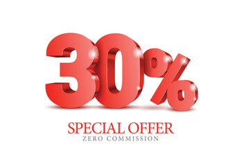 30 percent number. Eighty number in red 3d. Poster template for discount, sale discount, work progress. Vector illustration