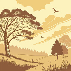 Tree silhouette landscape with sunrise and mountain