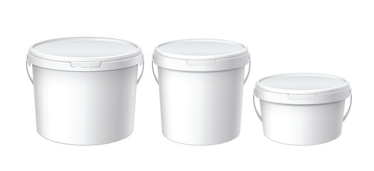 White plastic set bucket with White lid. Product Packaging For food, foodstuff or paints, adhesives, sealants, primers, putty. MockUp Template For Your Design. Vector illustration.