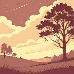 Tree silhouette landscape with sunrise and mountain