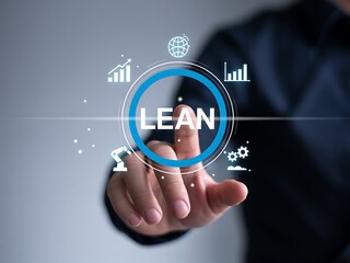 Business professional s finger presses the word lean within a digital interface surrounded by icons representing global business growth and industrial automation