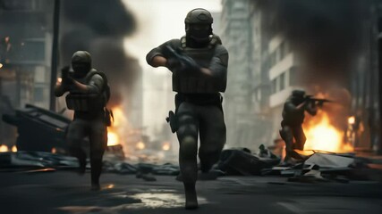 Three Soldiers Advancing Through Burning Urban Ruins in Camouflage and Combat Gear During Daytime - Powered by Adobe
