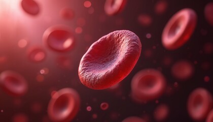 Close-up of red blood cells, erythrocytes. Human health medical science. Illustration of blood cells, arteries, veins. Healthy blood flow. Medical concept of anemia, blood clot, research, healthcare.