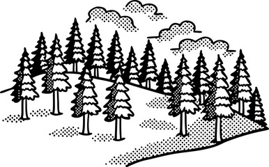 Obraz premium Pine forest landscape illustration stylized evergreen trees, rolling hill, dotted clouds, black and white nature drawing