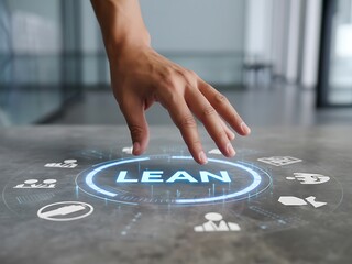 Hand reaching down to touch a glowing blue circle interface with the word lean and surrounding business icons symbolizing efficiency and productivity