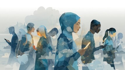 Illustration of global citizens living in an interconnected digital world with AI and cybersecurity