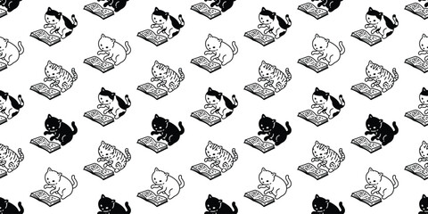 cat seamless pattern reading book kitten calico doodle cartoon pet animal illustration tile background gift wrapping paper scarf isolated repeat wallpaper